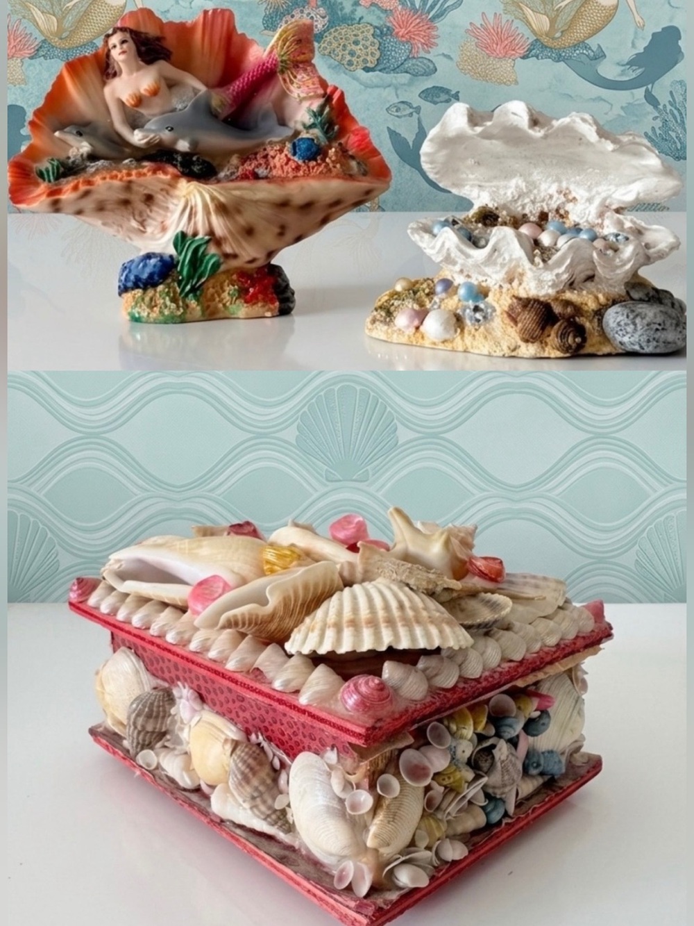 Vintage Mermaid Seashell Bundle • 2 Resin Figurines • 1 Seashell Jewelry Box